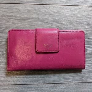 Bright Pink Leather Fossil Tab Clutch Wallet